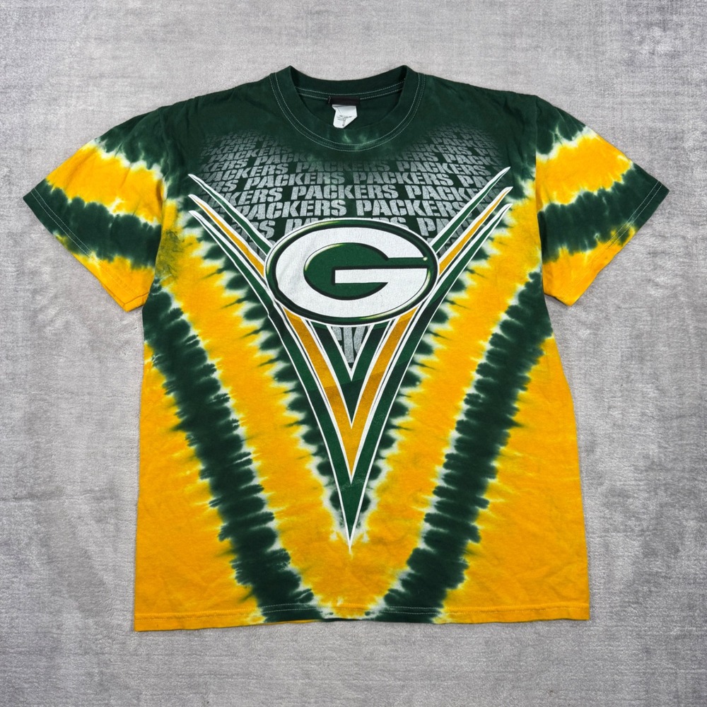 Green Bay Packers Shirt Mens Large Green Yellow Tie Dye Y2K Liquid Blue NFL
